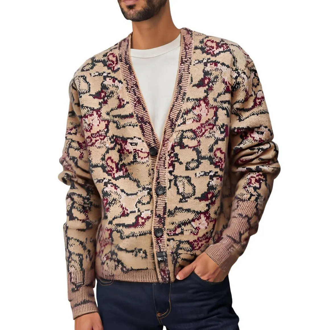 Abstract Print Button-Down Cardigan Sweater