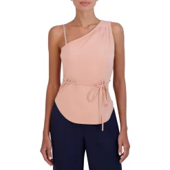 Asymmetric Pleated Tie Waist Blouse with Chain Strap