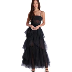 BCBG Max Azria Oly Tiered Ruffle Tulle Sleeveless Corset Evening Gown