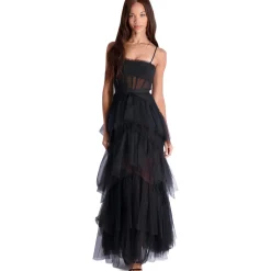 BCBG Max Azria Oly Tiered Ruffle Tulle Sleeveless Corset Evening Gown