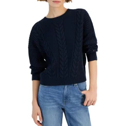 Bobbi Sweater Ribbed Trim Cable Knit Crewneck Sweater