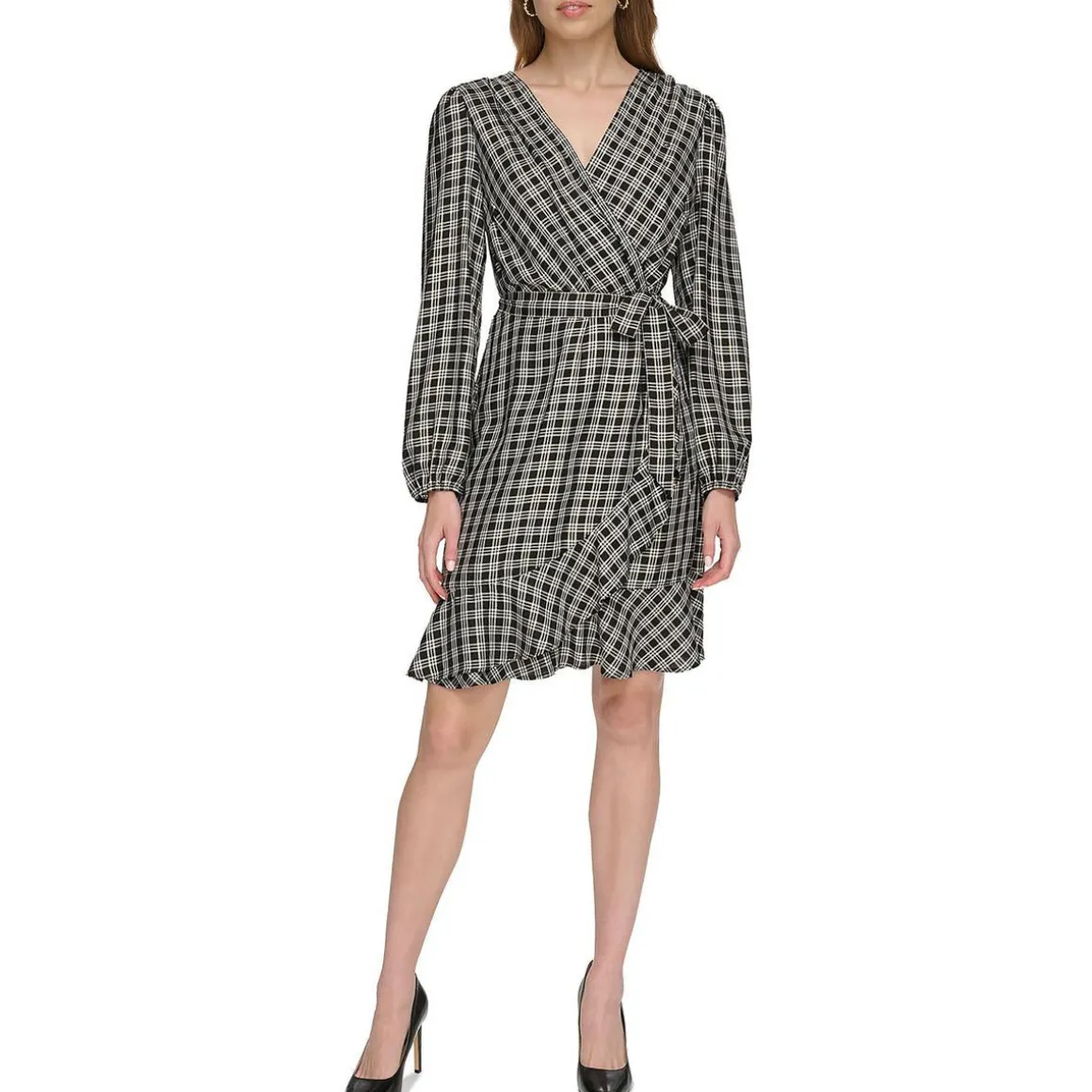 Checker Ruffle Hem Wrap Dress