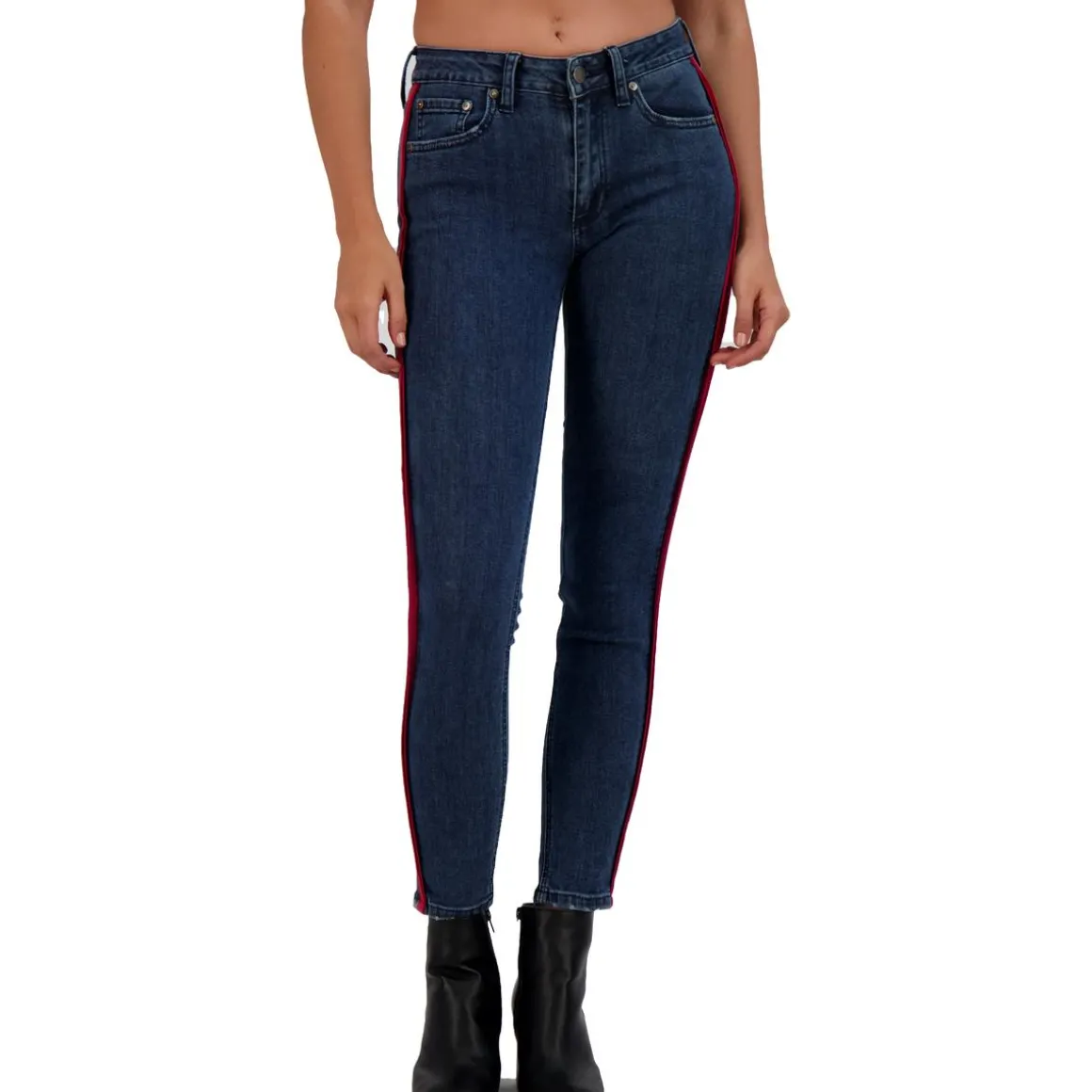 Dark Rinse High Rise Striped Ankle Crop Skinny Jeans