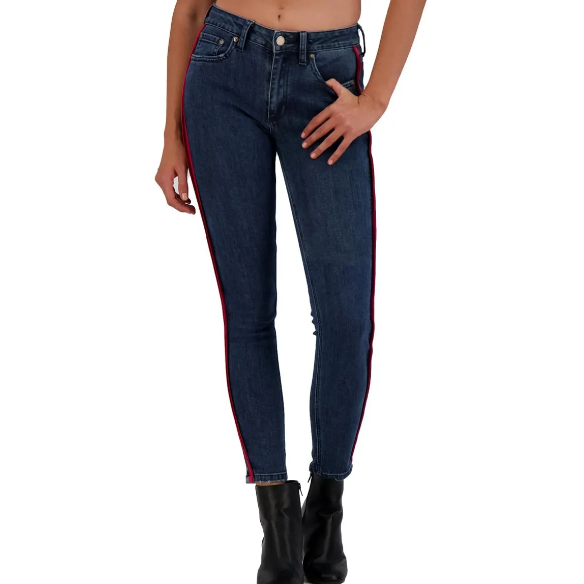 Dark Rinse High Rise Striped Ankle Crop Skinny Jeans