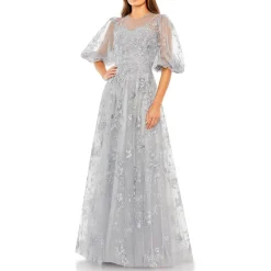 Embroidered Puff Sleeve Evening Dress