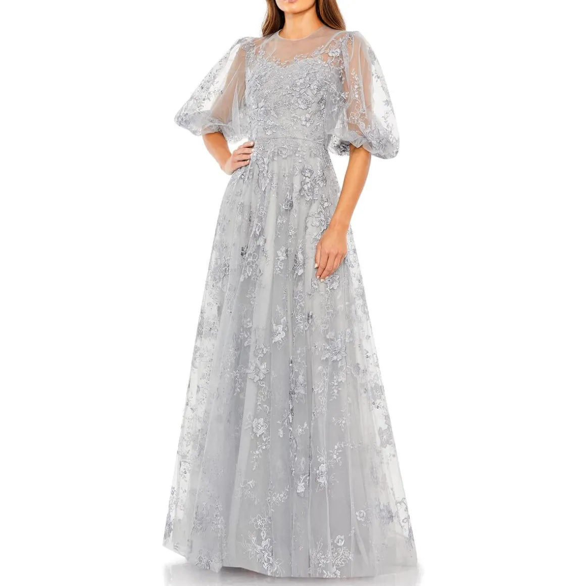 Embroidered Puff Sleeve Evening Dress