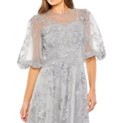 Embroidered Puff Sleeve Evening Dress