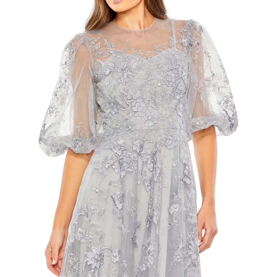 Embroidered Puff Sleeve Evening Dress