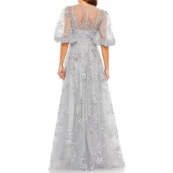 Embroidered Puff Sleeve Evening Dress