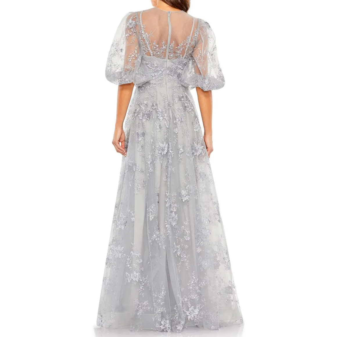 Embroidered Puff Sleeve Evening Dress