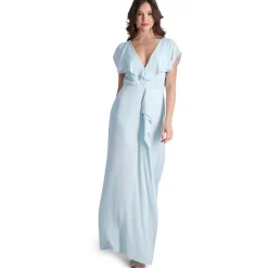 Evette Ruffled Chiffon V-Neck Gown with Front Slit