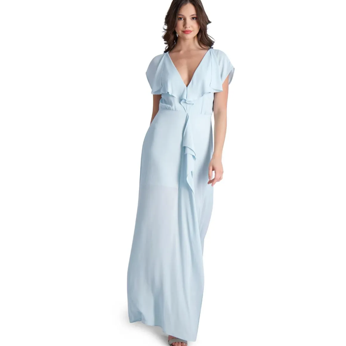 Evette Ruffled Chiffon V-Neck Gown with Front Slit