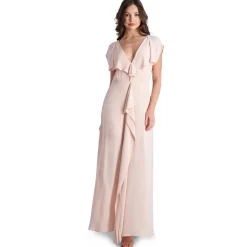 Evette Ruffled Chiffon V-Neck Gown with Front Slit