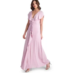 Evette Ruffled Chiffon V-Neck Gown with Front Slit