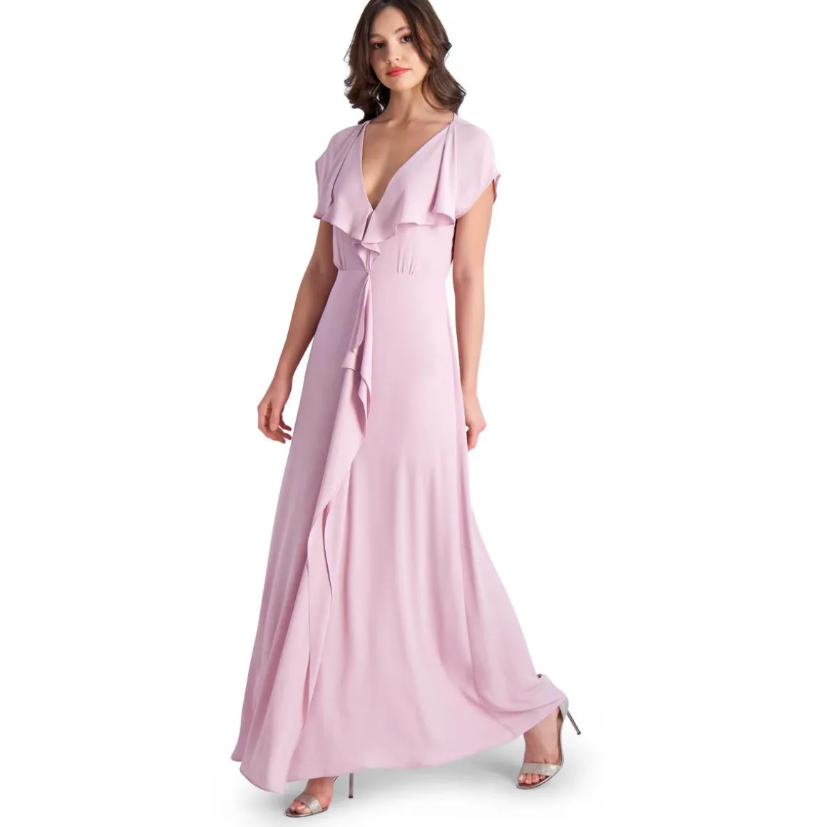 Evette Ruffled Chiffon V-Neck Gown with Front Slit