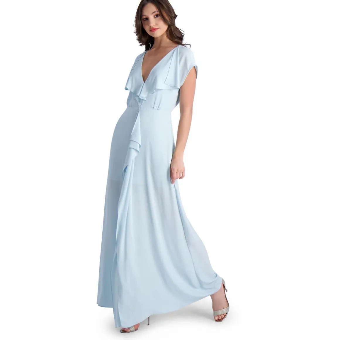 Evette Ruffled Chiffon V-Neck Gown with Front Slit