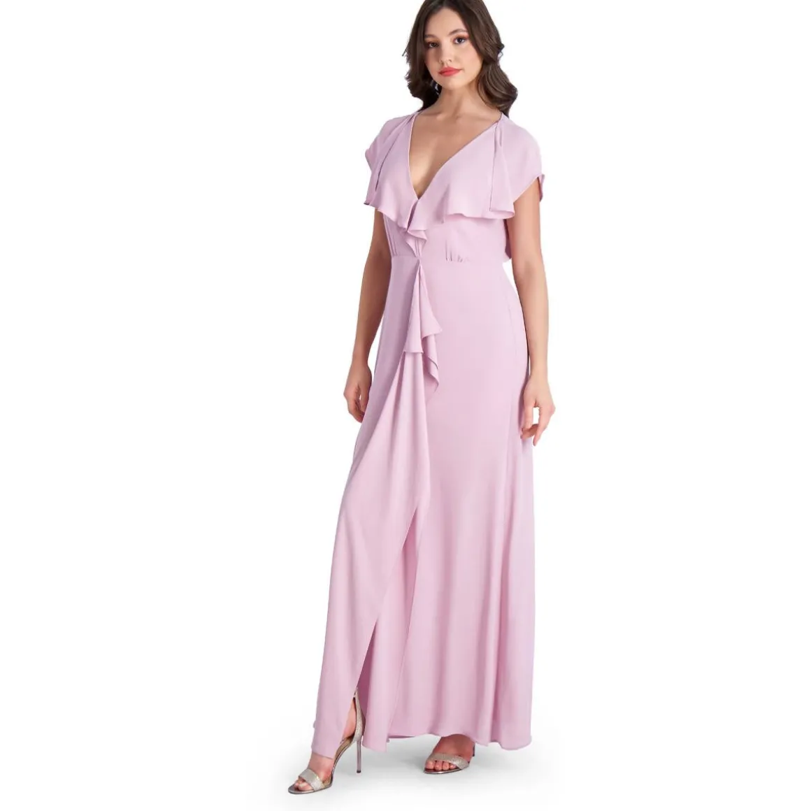 Evette Ruffled Chiffon V-Neck Gown with Front Slit