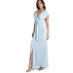 Evette Ruffled Chiffon V-Neck Gown with Front Slit