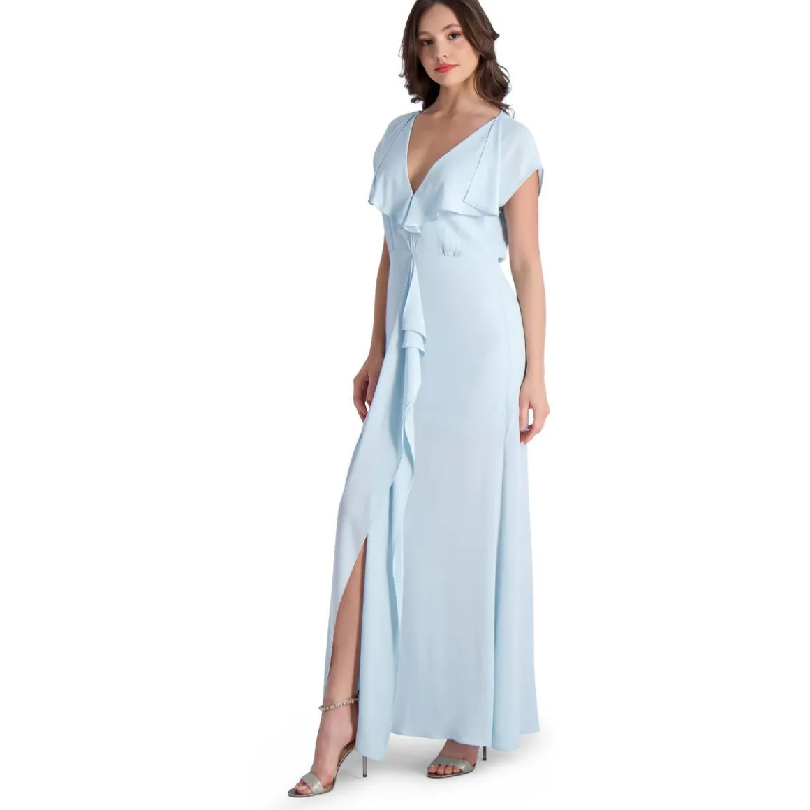 Evette Ruffled Chiffon V-Neck Gown with Front Slit