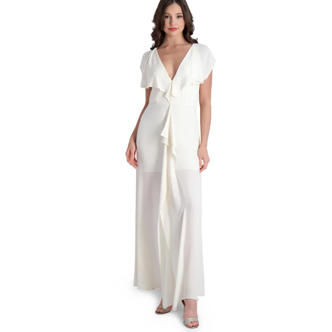 Evette Ruffled Chiffon V-Neck Gown with Front Slit