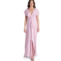 Evette Ruffled Chiffon V-Neck Gown with Front Slit