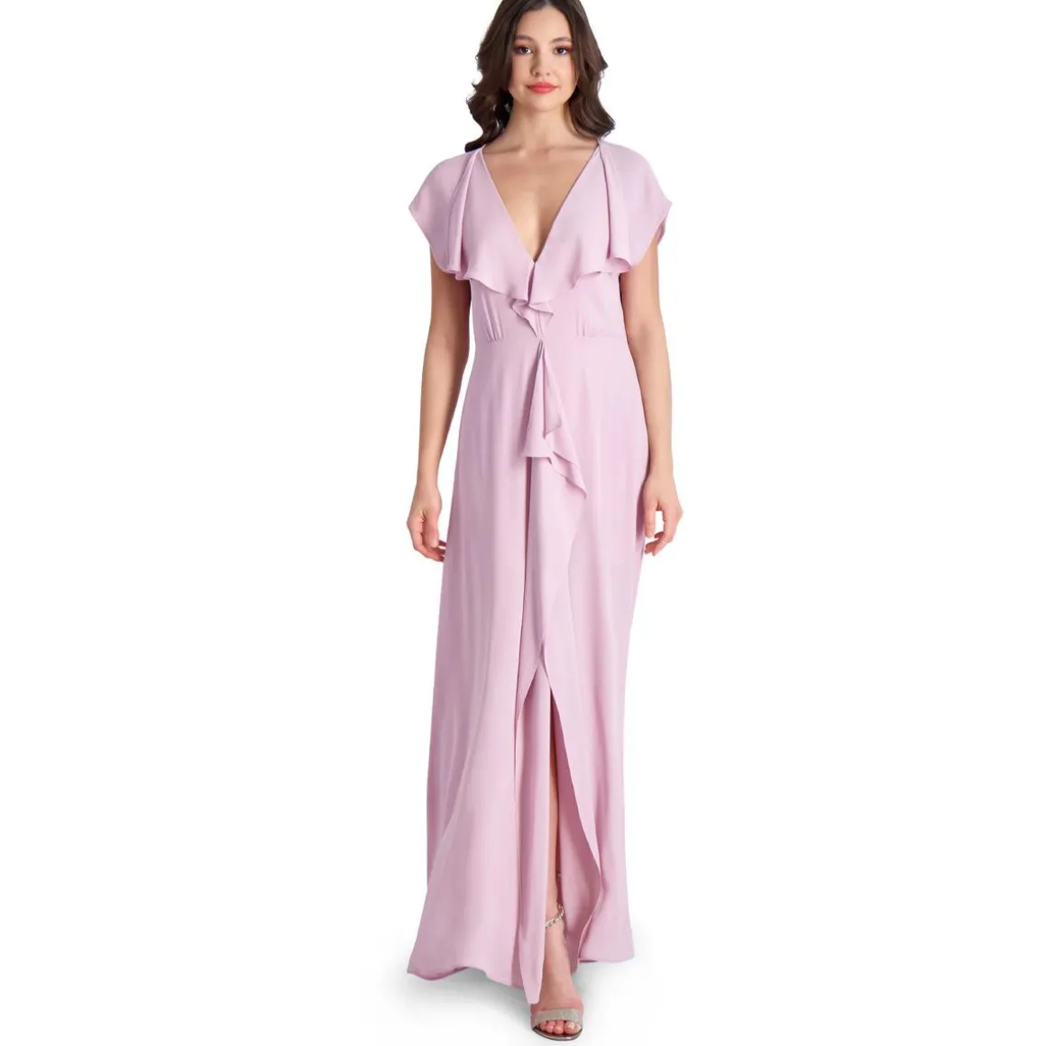 Evette Ruffled Chiffon V-Neck Gown with Front Slit