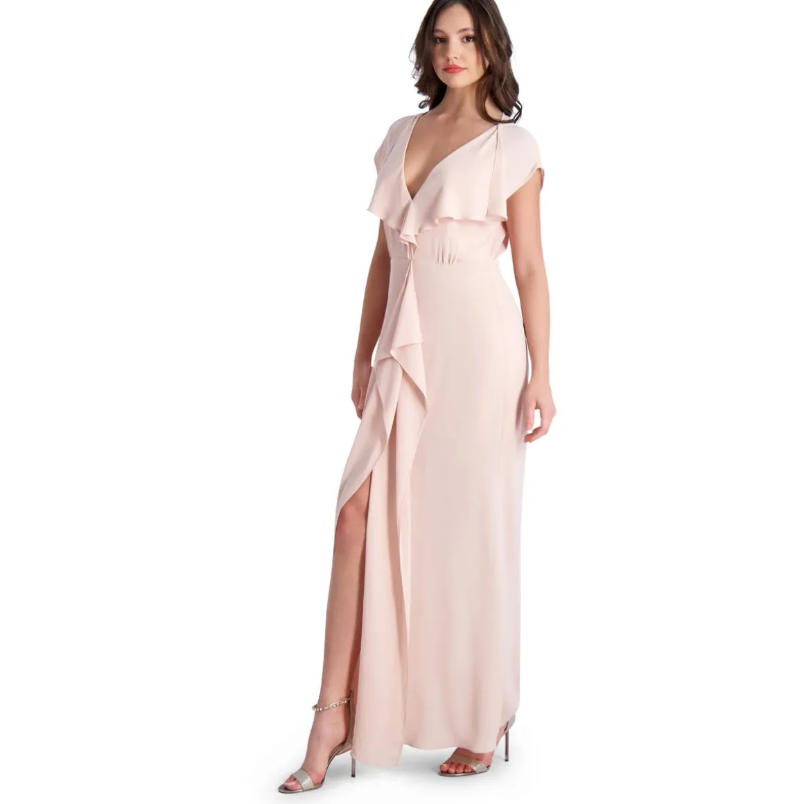 Evette Ruffled Chiffon V-Neck Gown with Front Slit