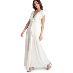 Evette Ruffled Chiffon V-Neck Gown with Front Slit