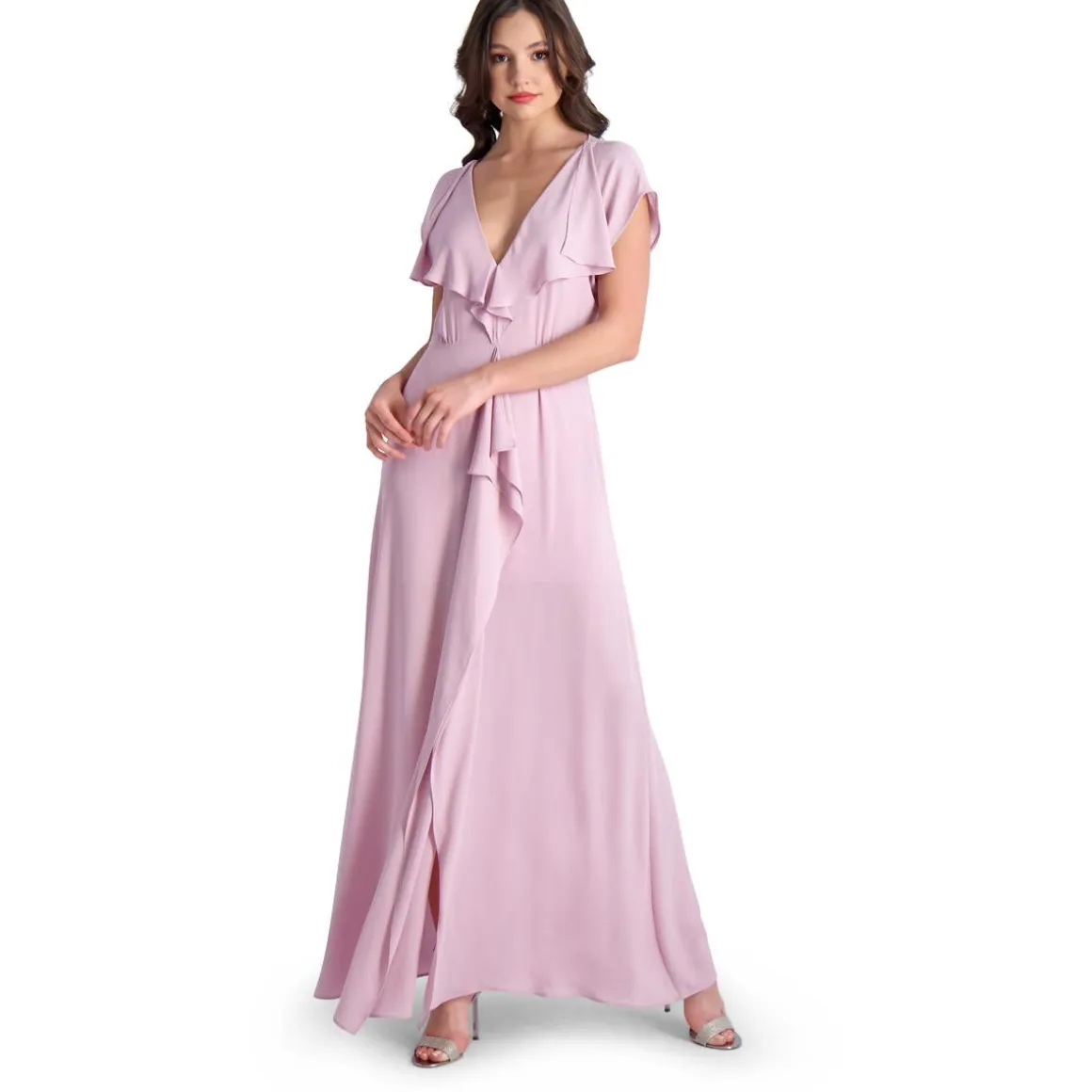 Evette Ruffled Chiffon V-Neck Gown with Front Slit
