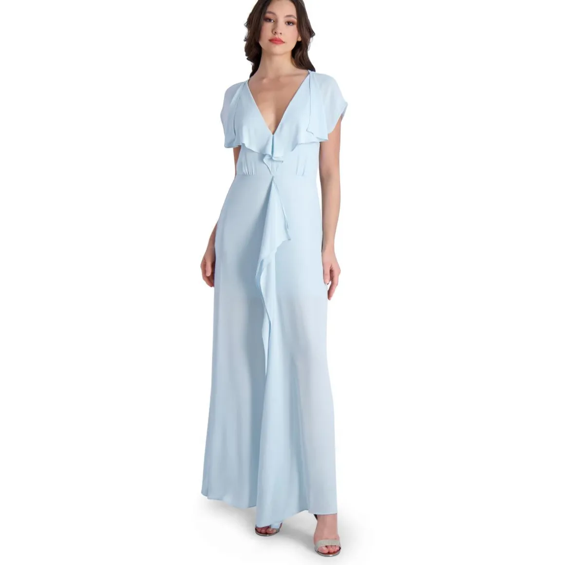 Evette Ruffled Chiffon V-Neck Gown with Front Slit