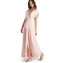 Evette Ruffled Chiffon V-Neck Gown with Front Slit