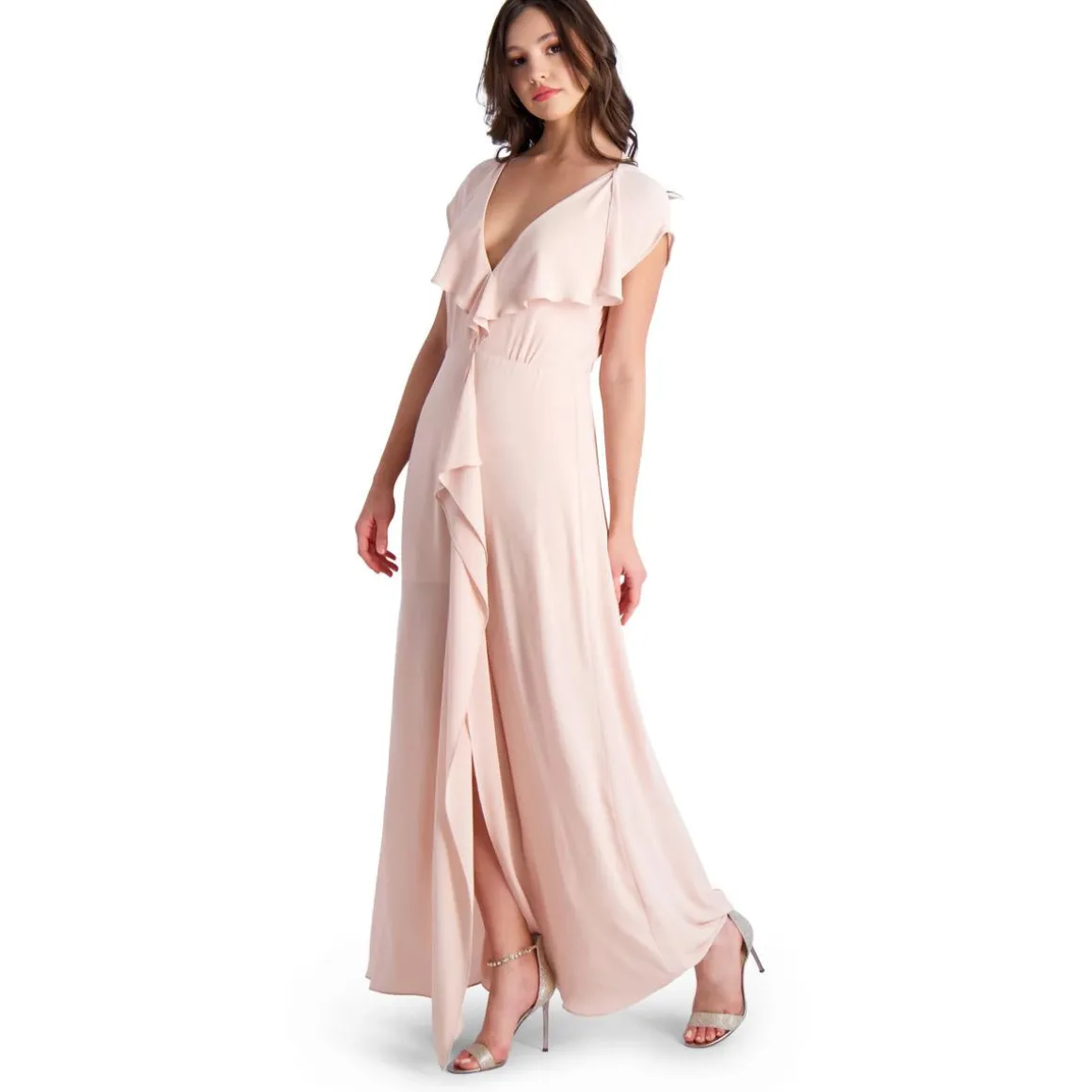 Evette Ruffled Chiffon V-Neck Gown with Front Slit