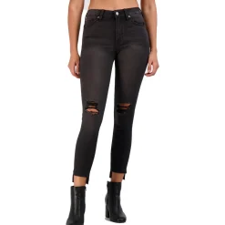 Faded Dark Wash Destroyed Step Hem Skinny Ankle Jeans