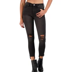 Faded Dark Wash Destroyed Step Hem Skinny Ankle Jeans