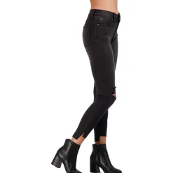 Faded Dark Wash Destroyed Step Hem Skinny Ankle Jeans