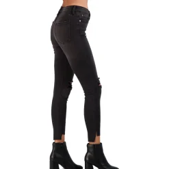 Faded Dark Wash Destroyed Step Hem Skinny Ankle Jeans