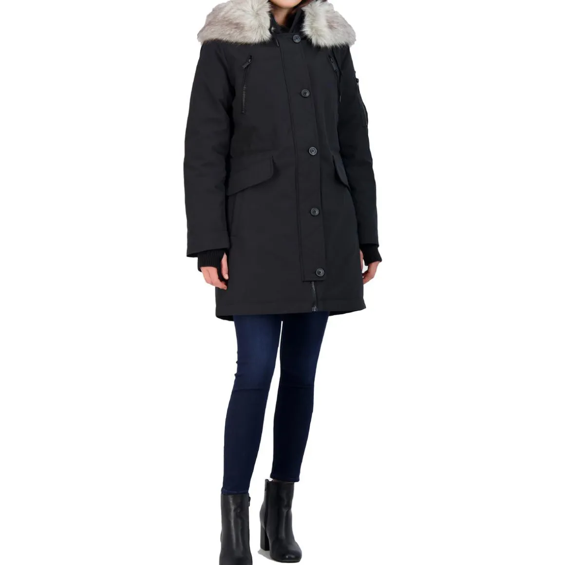 Faux Fur Trim Mid-Length Winter Parka Coat