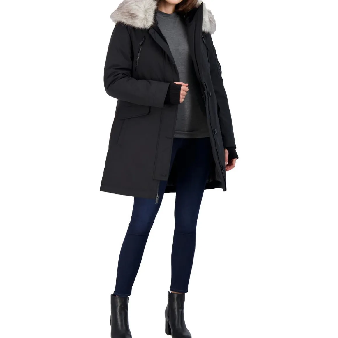 Faux Fur Trim Mid-Length Winter Parka Coat