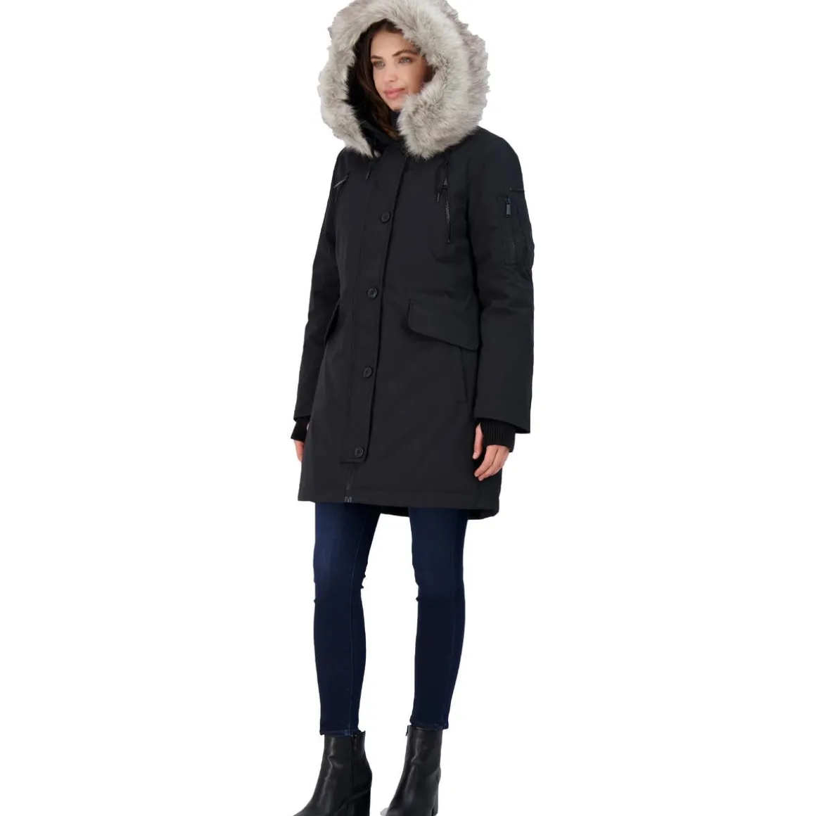 Faux Fur Trim Mid-Length Winter Parka Coat