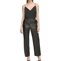 Faux Leather Banded Waist Straight Leg Pants