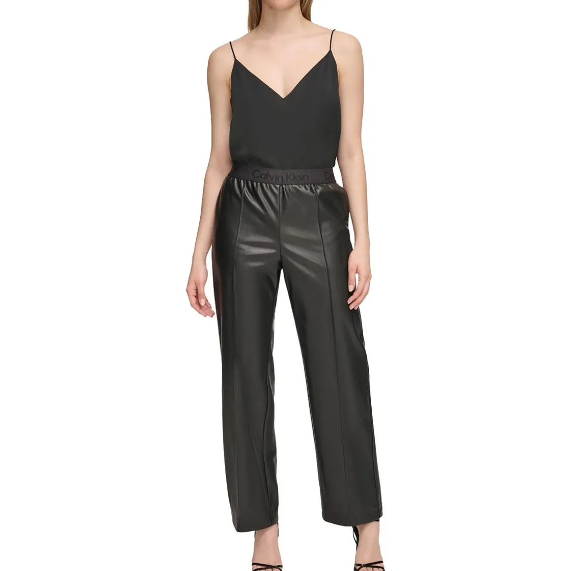 Faux Leather Banded Waist Straight Leg Pants