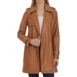 Faux Leather Open Front Trench Coat