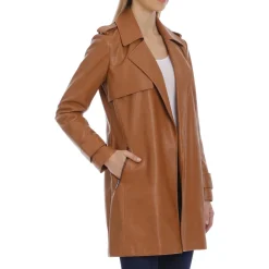 Faux Leather Open Front Trench Coat