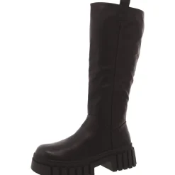 Faux Leather Pull On Knee-High Boots