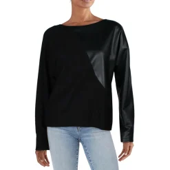 Faux Leather Trim Pullover Sweater
