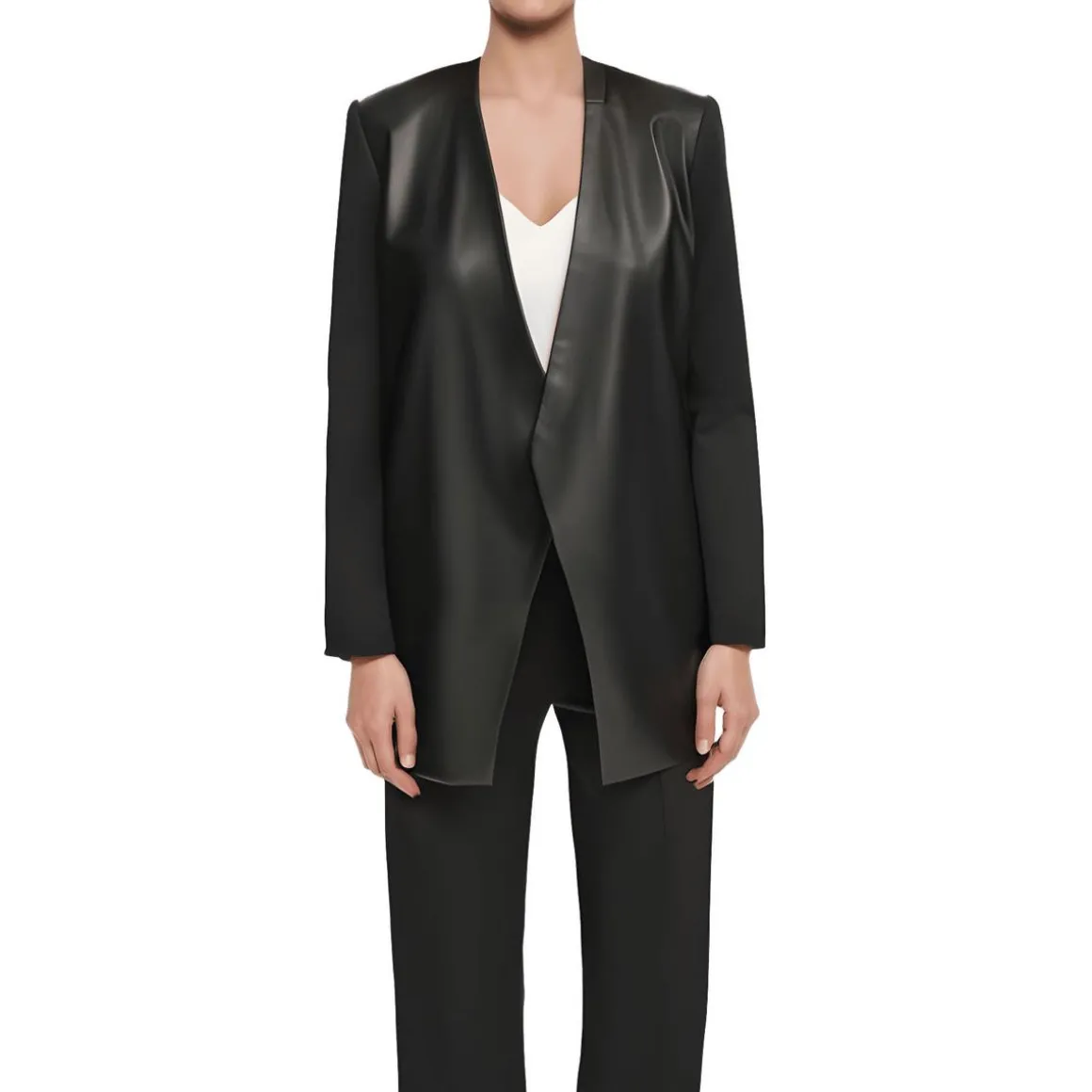 Faux Leather Work Wear Open-Front Blazer
