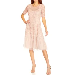 Floral Applique Short Sleeve Mesh Cocktail Dress