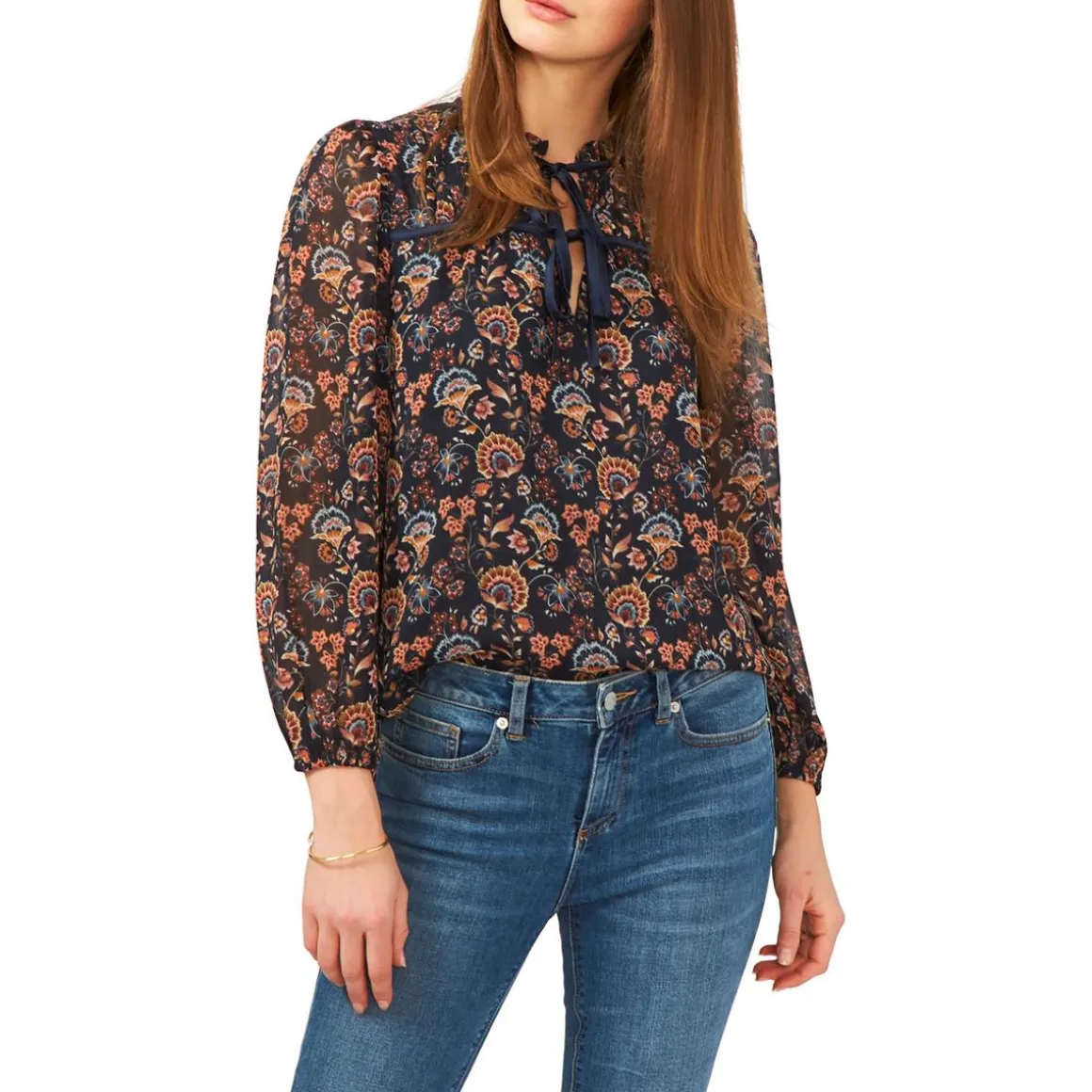 Floral Print Tie Neck Blouse