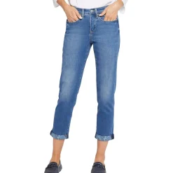 Girlfriend Mid-Rise Printed Cuff Straight Leg Jeans