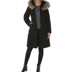 Hooded Long Puffer Coat with Faux Fur Trim